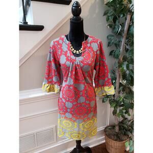 Aryeh Women's Size 1X Red Yellow Gray Floral Print Tunic Polyester Casual Top